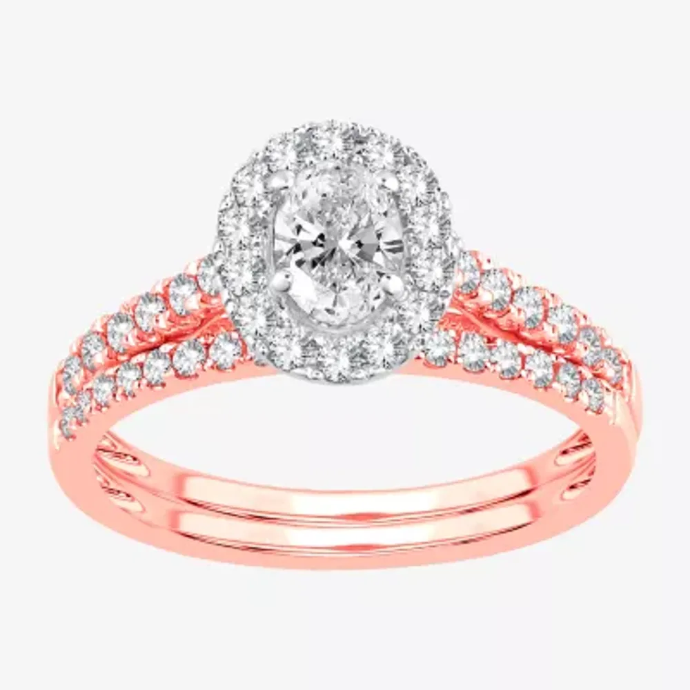 Signature By Modern Bride 1 CT.T.W. (H-I / SI1-SI2) Lab-Grown Diamond Oval Halo Bridal Set 10K or 14K Gold