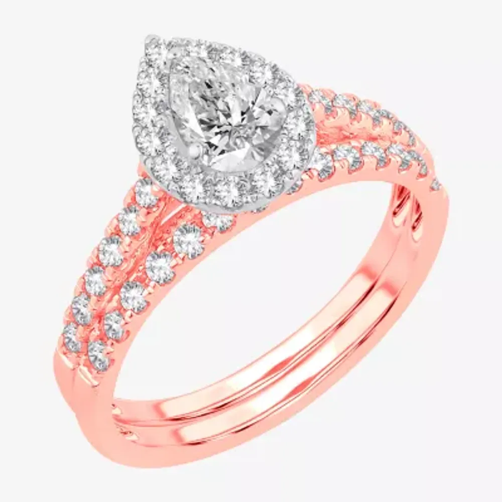 (H-I / SI1-SI2) Signature By Modern Bride Womens 1 CT. T.W. Lab Grown White Diamond 10K or 14K Gold Pear Halo Bridal Set