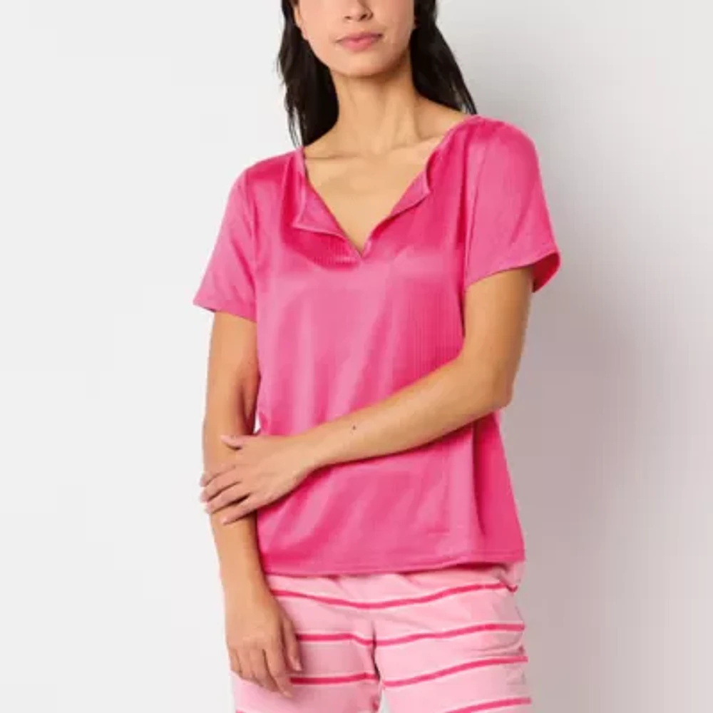 Sleep Chic Womens Rib Short Sleeve Y Neck Pajama Top