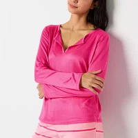 Sleep Chic Womens Rib Long Sleeve Y Neck Pajama Top