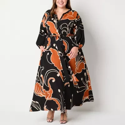 Premier Amour Womens Long Sleeve Floral Maxi Dress Plus