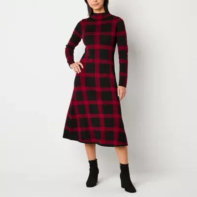 Danny & Nicole Womens Long Sleeve Windowpane Midi Sweater Dress