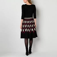 Danny & Nicole Womens 3/4 Sleeve Belted Geometric Sweater Dress