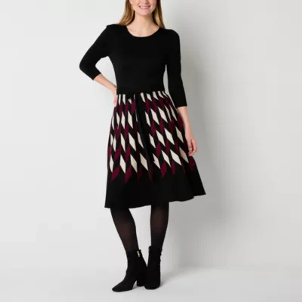 Danny & Nicole Womens 3/4 Sleeve Belted Geometric Sweater Dress