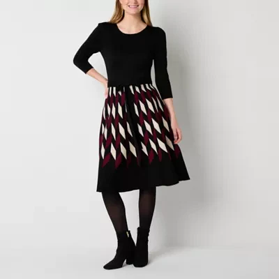 Danny & Nicole Womens 3/4 Sleeve Belted Geometric Sweater Dress