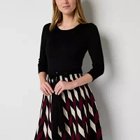 Danny & Nicole Womens 3/4 Sleeve Belted Geometric Sweater Dress