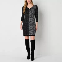 Melonie T Womens 3/4 Sleeve Geometric Sweater Dress