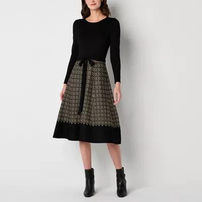 Danny & Nicole Womens Long Sleeve Belted Geometric Sweater Dress