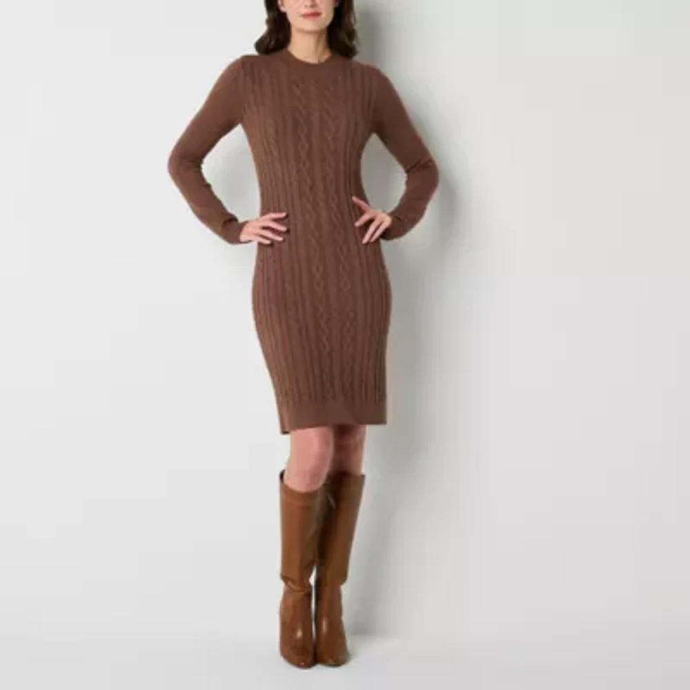 Studio 1 Womens Long Sleeve Cable Knit Sweater Dress