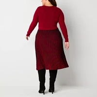 Robbie Bee Womens Long Sleeve Belted Striped Midi Sweater Dress Plus