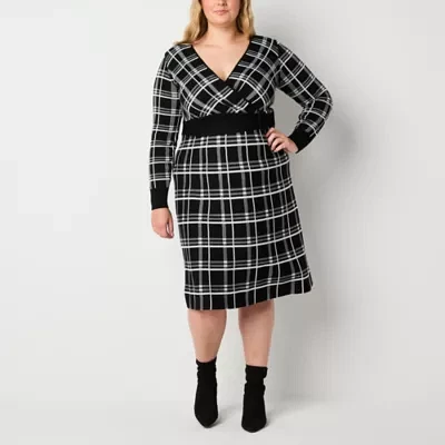 Robbie Bee Womens Long Sleeve Plaid Midi Sweater Dress Plus