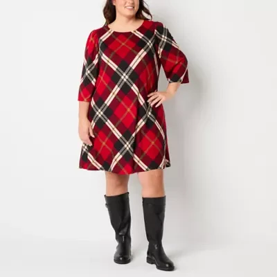 Jessica Howard Womens 3/4 Sleeve Plaid Shift Dress Plus