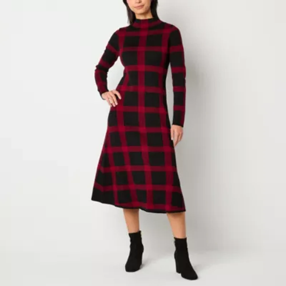 Danny & Nicole Womens Long Sleeve Windowpane Midi Sweater Dress Petite