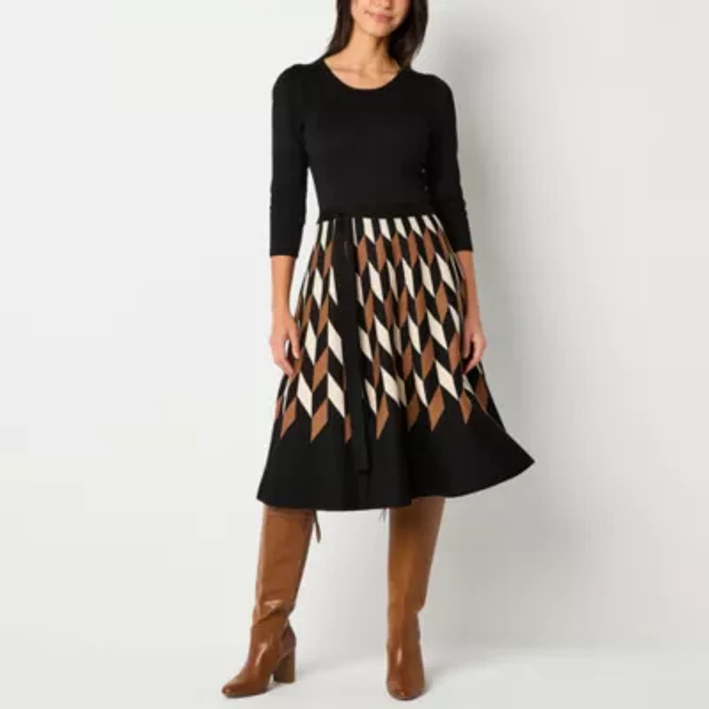 Danny & Nicole Womens 3/4 Sleeve Belted Geometric Sweater Dress Petite