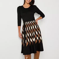 Danny & Nicole Womens 3/4 Sleeve Belted Geometric Sweater Dress Petite