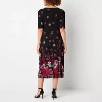 Black Label by Evan-Picone Womens Elbow Sleeve Floral Midi Fit + Flare Dress