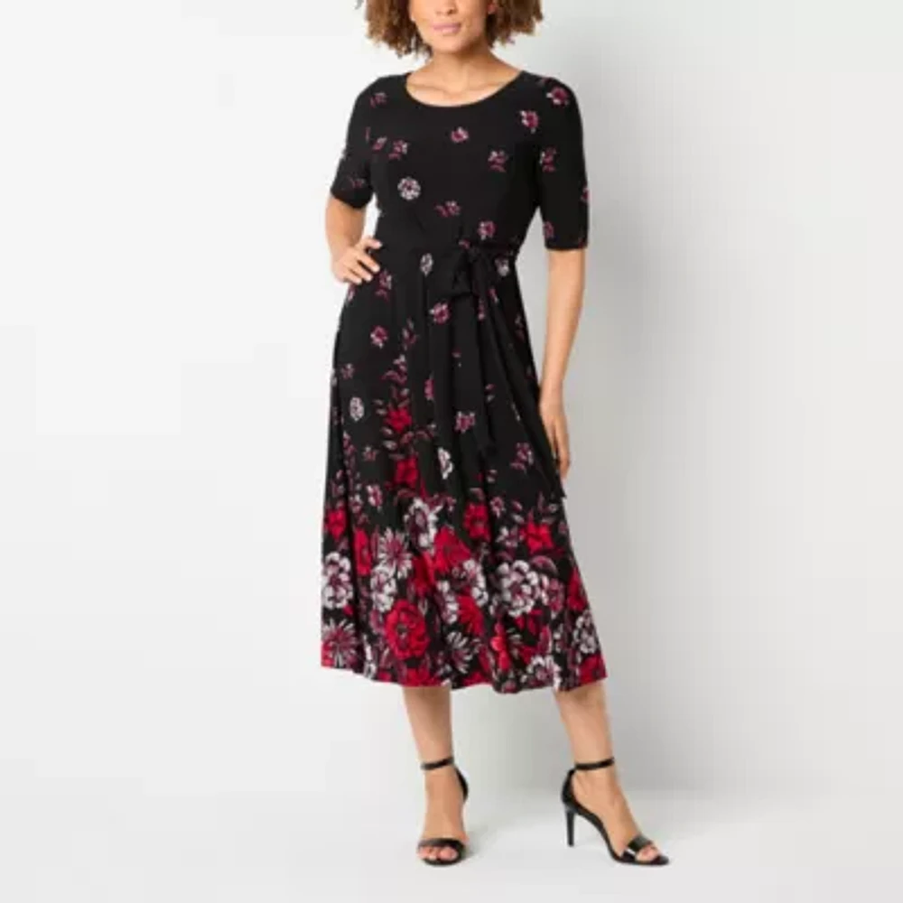 Black Label by Evan-Picone Womens Elbow Sleeve Floral Midi Fit + Flare Dress