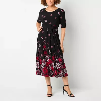 Black Label by Evan-Picone Womens Elbow Sleeve Floral Midi Fit + Flare Dress