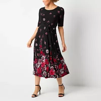 Black Label by Evan-Picone Womens Elbow Sleeve Floral Midi Fit + Flare Dress