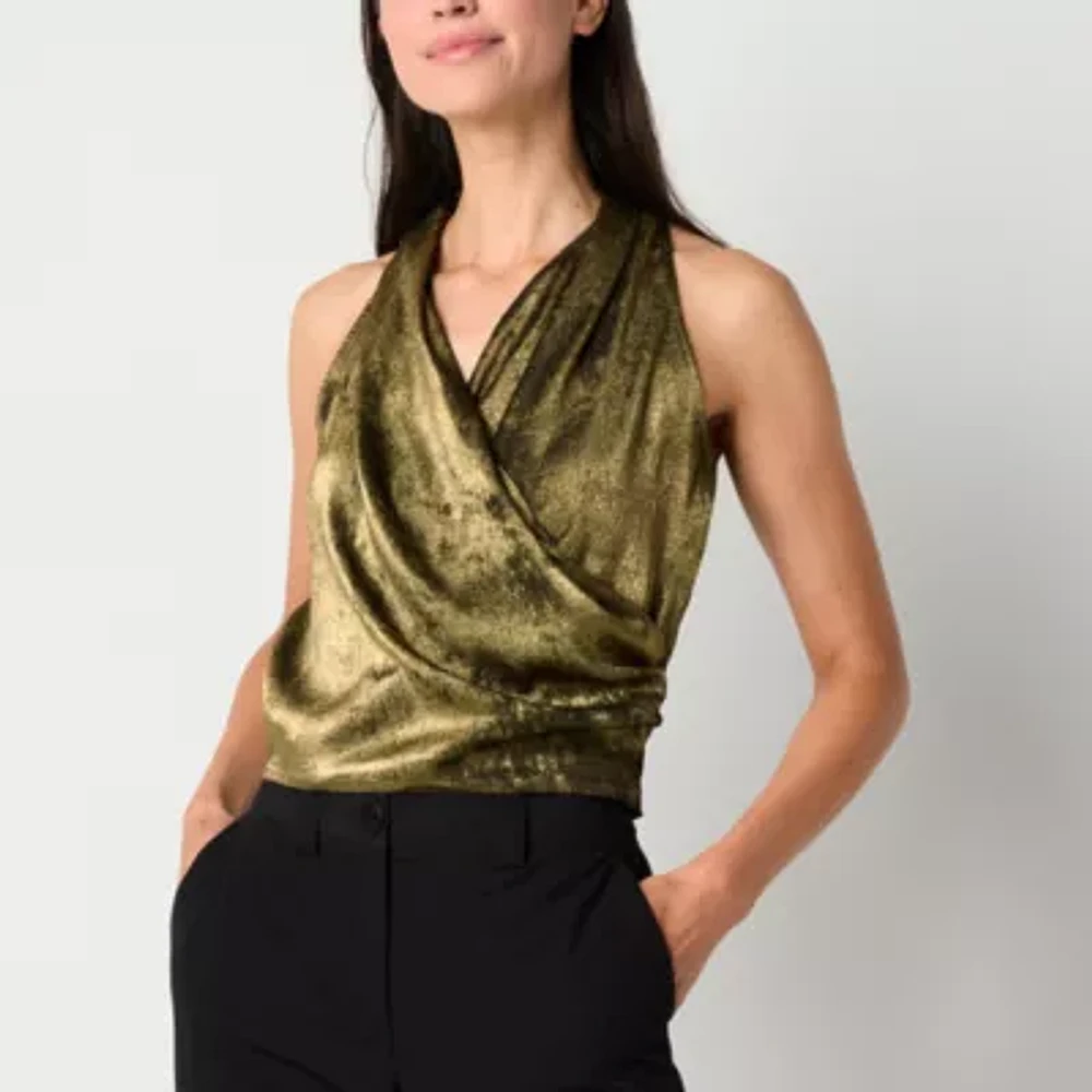 Worthington Womens Halter Neck Sleeveless Satin Blouse