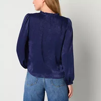 a.n.a Womens Split Tie Neck Long Sleeve Satin Blouse