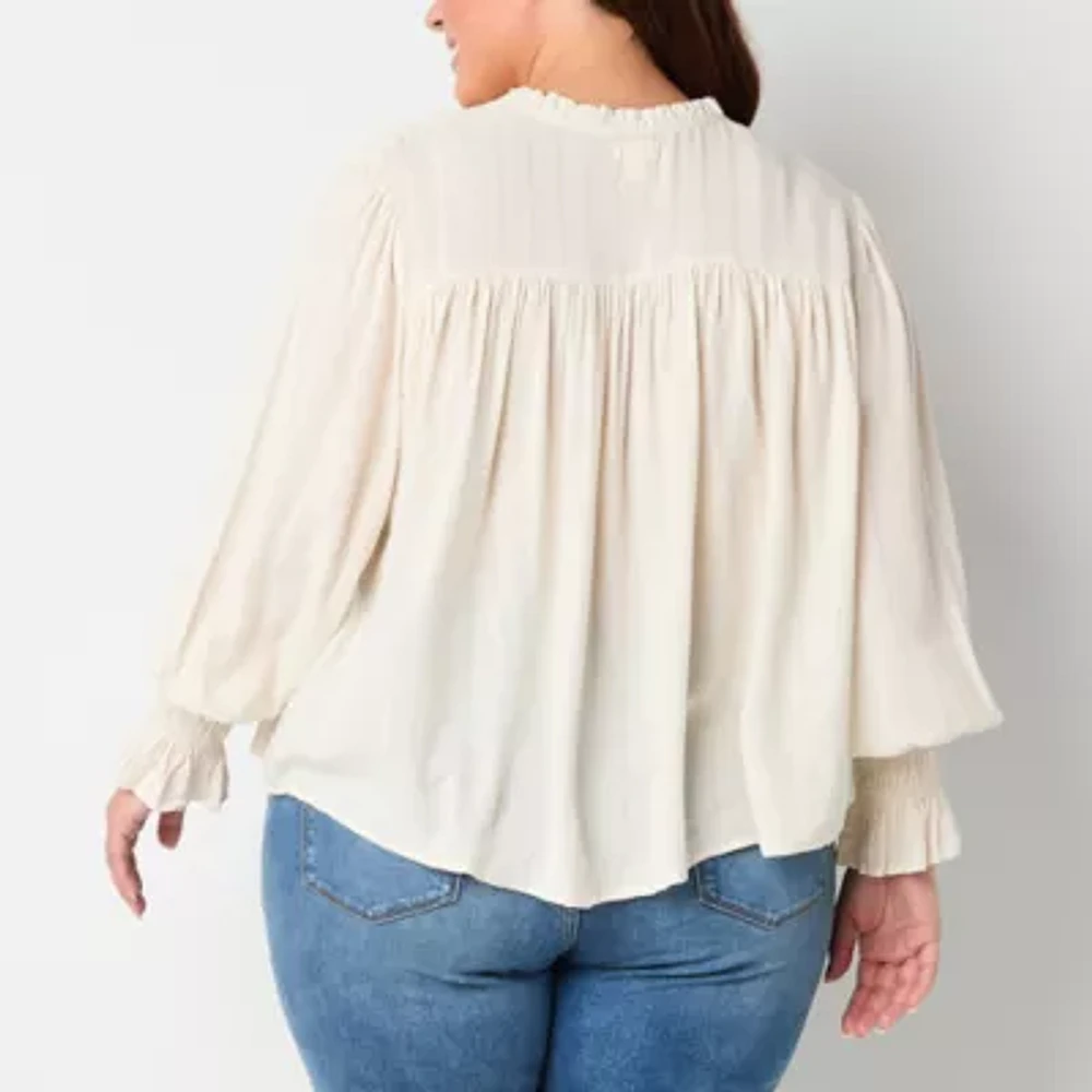 a.n.a Plus Womens Shine Split Tie Neck Long Sleeve Blouse
