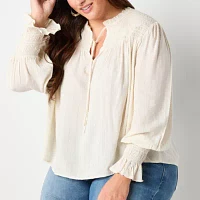 a.n.a Plus Womens Shine Split Tie Neck Long Sleeve Blouse