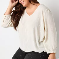 a.n.a Plus Womens Shine V Neck 3/4 Sleeve Blouse