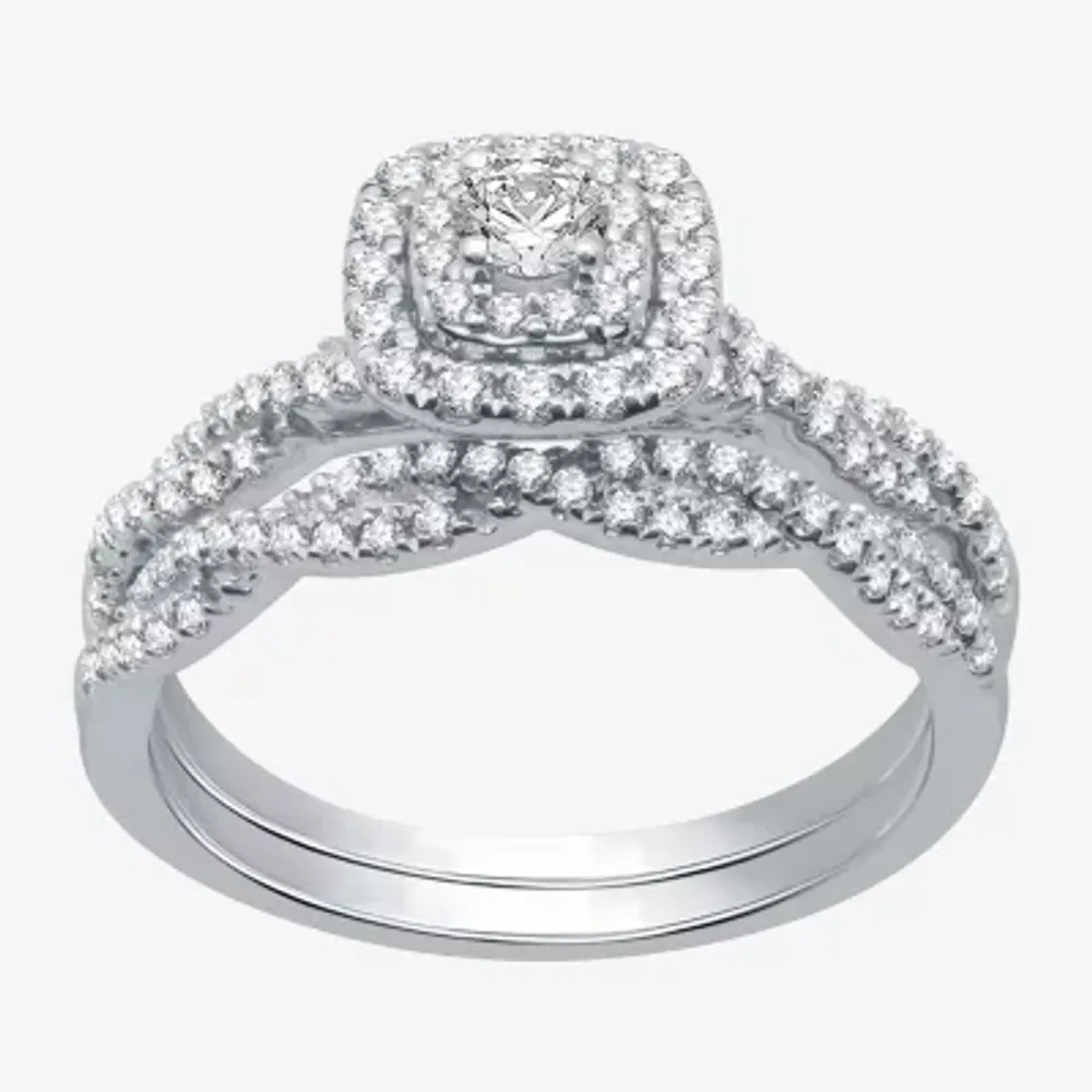 Signature By Modern Bride (H-I / I1) Womens 5/8 CT. T.W. Lab Grown White Diamond 10K Gold Cushion Side Stone Halo Bridal Set