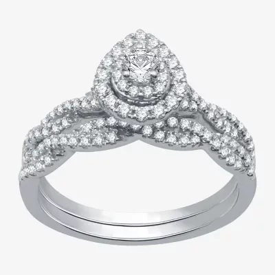 Signature By Modern Bride (H-I / I1) Womens 5/8 CT. T.W. Lab Grown White Diamond 10K Gold Pear Side Stone Halo Bridal Set