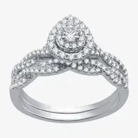 Signature By Modern Bride (H-I / I1) Womens 5/8 CT. T.W. Lab Grown White Diamond 10K Gold Pear Side Stone Halo Bridal Set