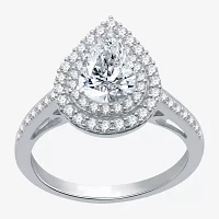 Signature By Modern Bride (H-I / I1) Womens 1 1/2 CT. T.W. Lab Grown White Diamond 10K White Gold Pear Side Stone Halo Engagement Ring