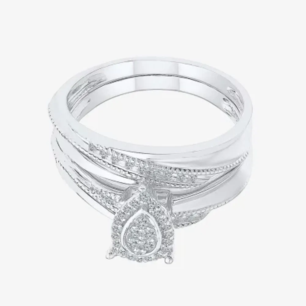 Womens 1/5 CT. Natural White Diamond Sterling Silver Pear Halo Bridal Set