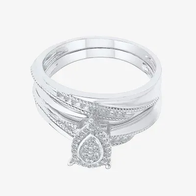 Womens 1/5 CT. Natural White Diamond Sterling Silver Pear Halo Bridal Set