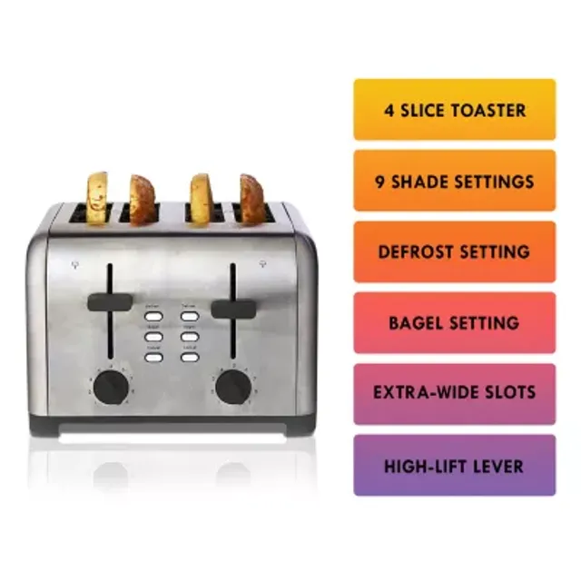 Kenmore 4-Slice Toaster, White Stainless Steel, Dual Controls, Extra Wide Slots, Bagel and Defrost