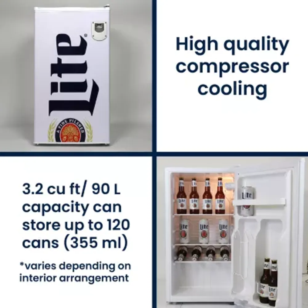 Miller Lite Compact Fridge with Bottle Opener- 90 L/ 95 Qt 3.2 Cu Ft