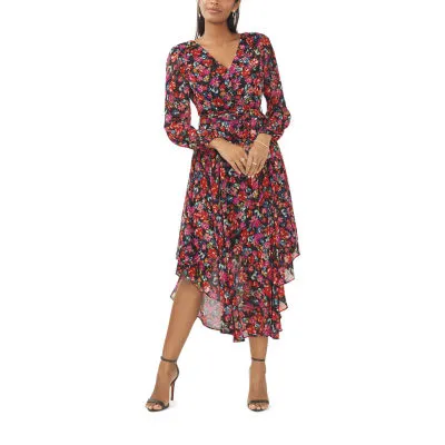 MSK Long Sleeve Floral High-Low Fit + Flare Dress