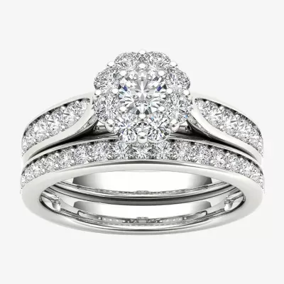 Womens 1 CT. T.W. Natural White Diamond 14K Gold Round Halo Bridal Set