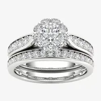 Womens 1 CT. T.W. Natural White Diamond 14K Gold Round Halo Bridal Set