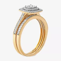 Womens 1/ CT. T.W. Natural White Diamond 10K Gold Cushion Halo Bridal Set