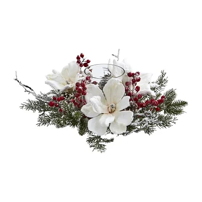 Nearly Natural Magnolia & Berry Arrangement Candelabrum Christmas Tabletop Decor