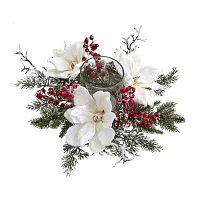 Nearly Natural Magnolia & Berry Arrangement Candelabrum Christmas Tabletop Decor