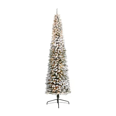 Nearly Natural Flocked Pencil Faux 9 Foot Pre-Lit Christmas Tree