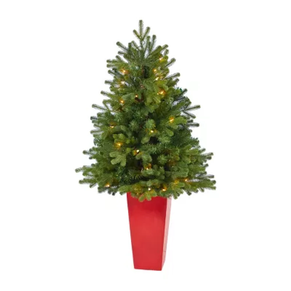 Nearly Natural In Red Planter 3 1/2 Foot Pre-Lit Fir Christmas Tree