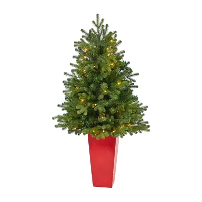 Nearly Natural In Red Planter 3 1/2 Foot Pre-Lit Fir Christmas Tree