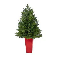 Nearly Natural In Red Planter 3 1/2 Foot Pre-Lit Fir Christmas Tree