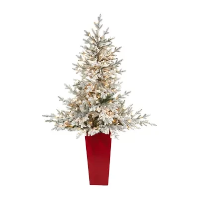 Nearly Natural Fraser In Red Planter 4 1/2 Foot Pre-Lit Fir Christmas Tree