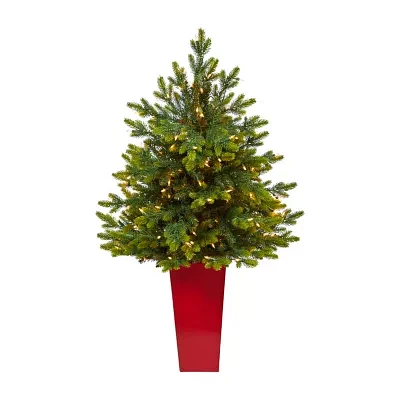 Nearly Natural In Red Planter 4 Foot Pre-Lit Fir Christmas Tree