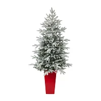 Nearly Natural Flocked In Planter 5 Foot Pre-Lit Spruce Christmas Tree