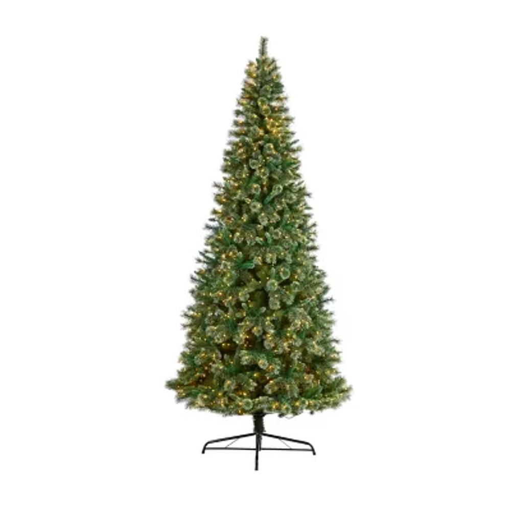 Nearly Natural Slim Snow Faux 10 Foot Pre-Lit Pine Christmas Tree